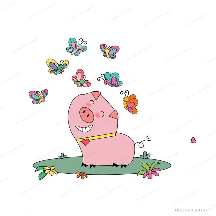 Pink pig sitting on a patch of grass surrounded by fluttering butterflies