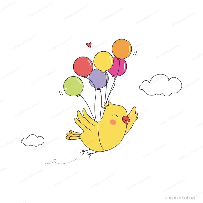 Yellow chick flying along carrying a bunch of coloured balloons