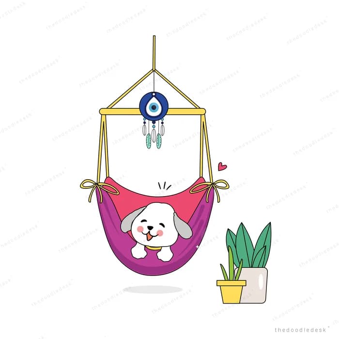 White puppy curled in a magenta hanging hammock chair beside a nazar chime and a potted plant
