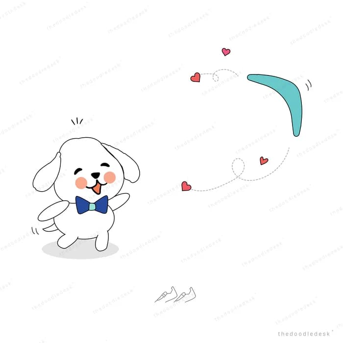 White puppy in a blue bow tie leaping after a teal ribbon among floating hearts