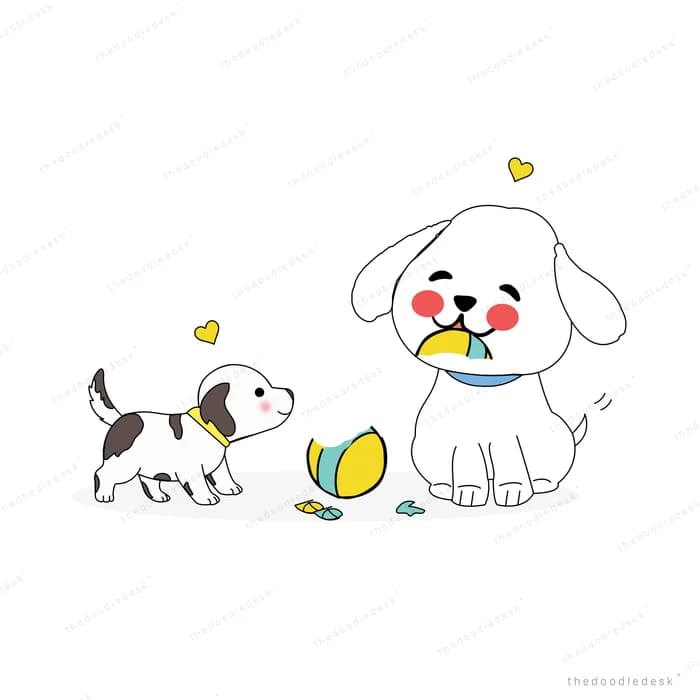 Spotted puppy and a big white dog tussling over a yellow toy bird