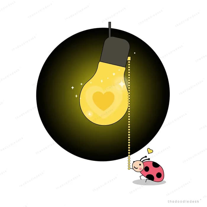 Ladybug tugging the pull cord of a glowing lightbulb with a heart-shaped filament