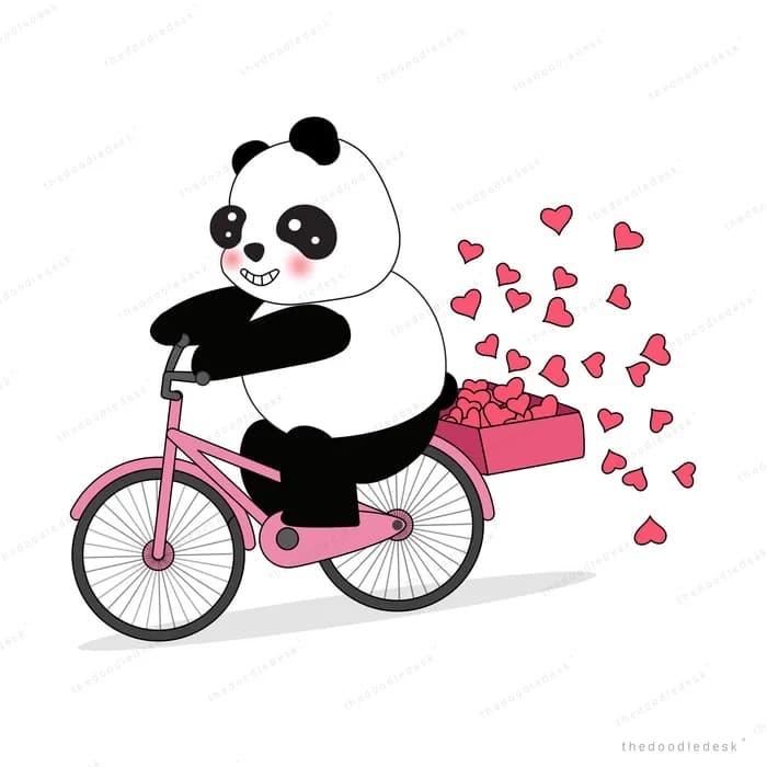Panda riding a pink bicycle with a crate of hearts spilling out behind