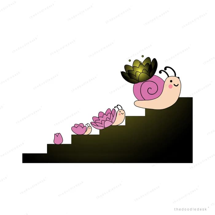 Pink snail climbing a flight of purple steps leaving lotus blossoms behind