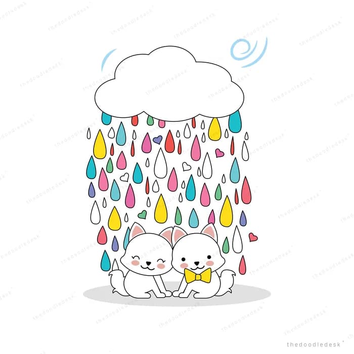 Two white kittens huddled together under a cloud raining colourful droplets