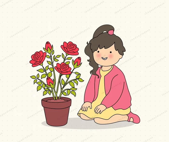 Admiring roses she has grown