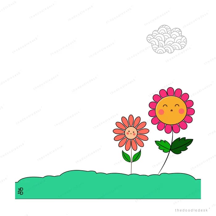 Two smiling flowers growing side by side on a grass mound