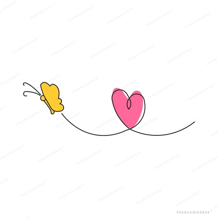 Butterfly trailing a looping line toward a heart