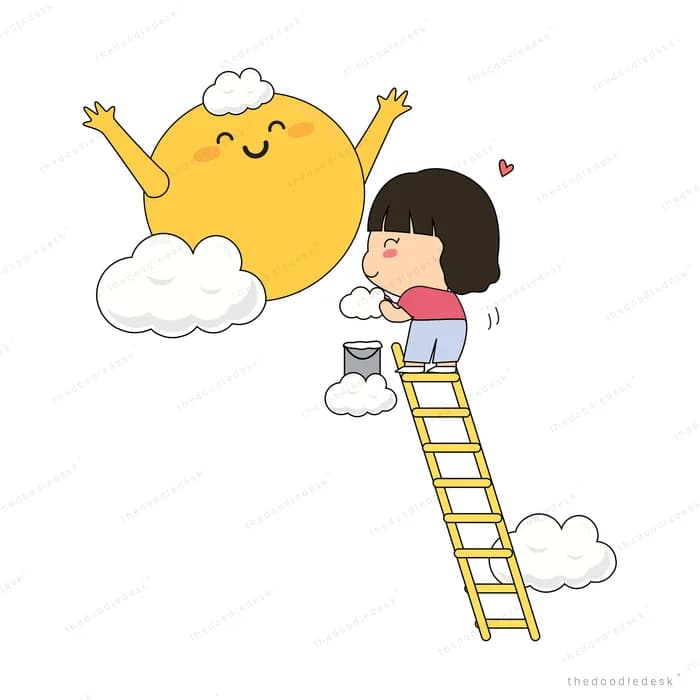 Girl climbing a ladder to reach a smiling moon on a cloud