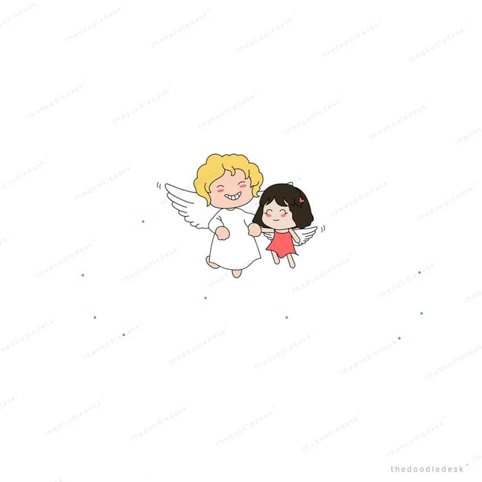 Two winged cherub children floating side by side