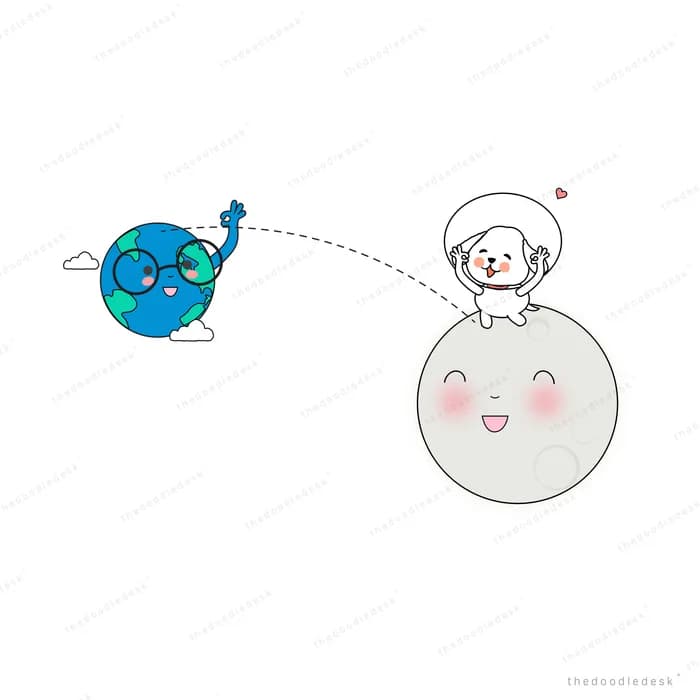 Earth and moon characters talking through a string phone
