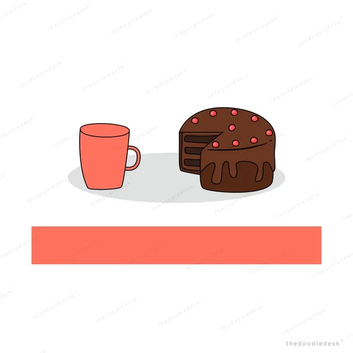 Red mug beside a chocolate cake on a red table band