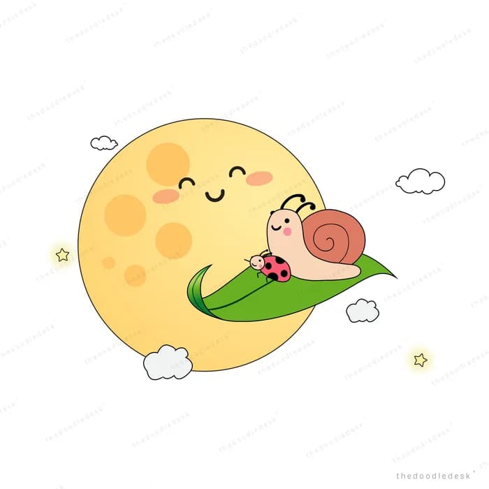 Snail resting on a leaf against a smiling full moon