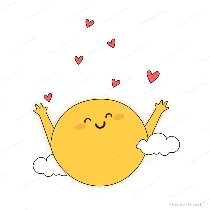Yellow sun character with arms raised and hearts above