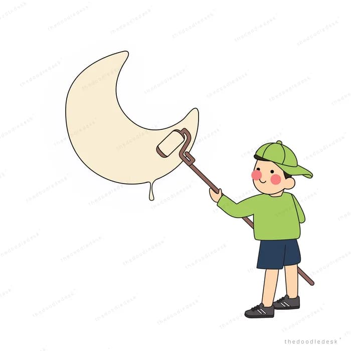 Boy holding up a crescent moon on a stick