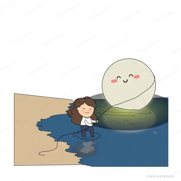 Girl wading in water beside a smiling moon on the shore