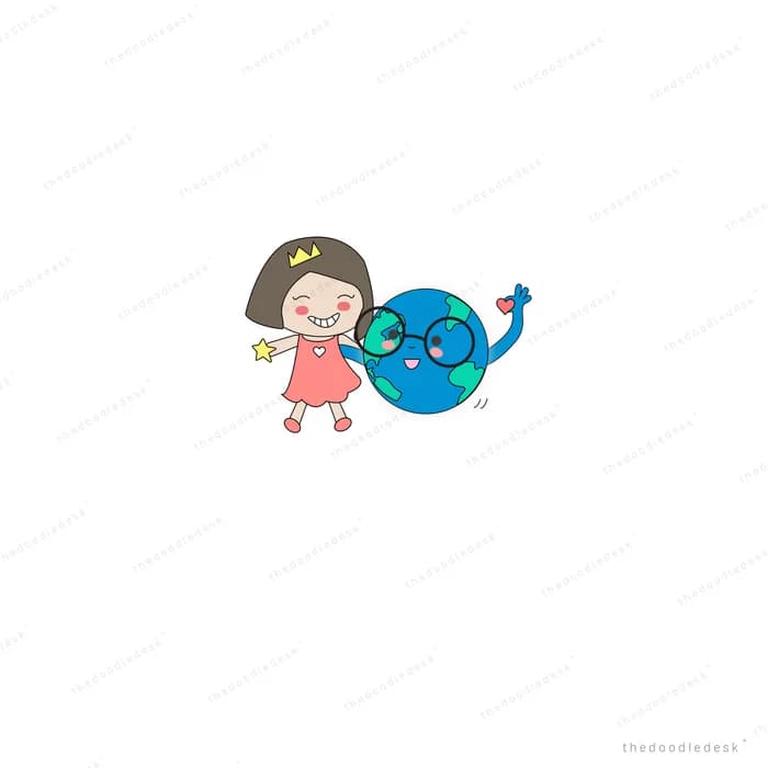 Girl greeting a smiling earth character on clouds