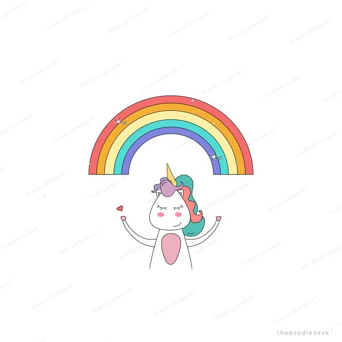 Unicorn sitting under an arching rainbow