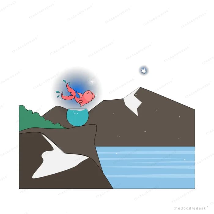 Night mountain lake under a dark planet