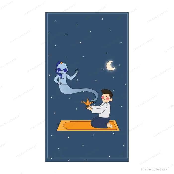 Boy on a flying carpet meeting a genie under a night sky