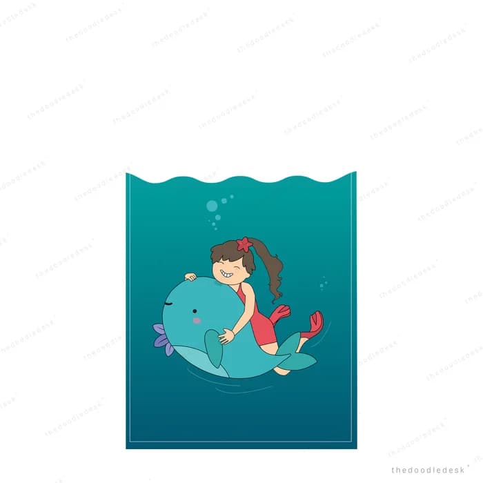 Mermaid seated on a teal panel underwater