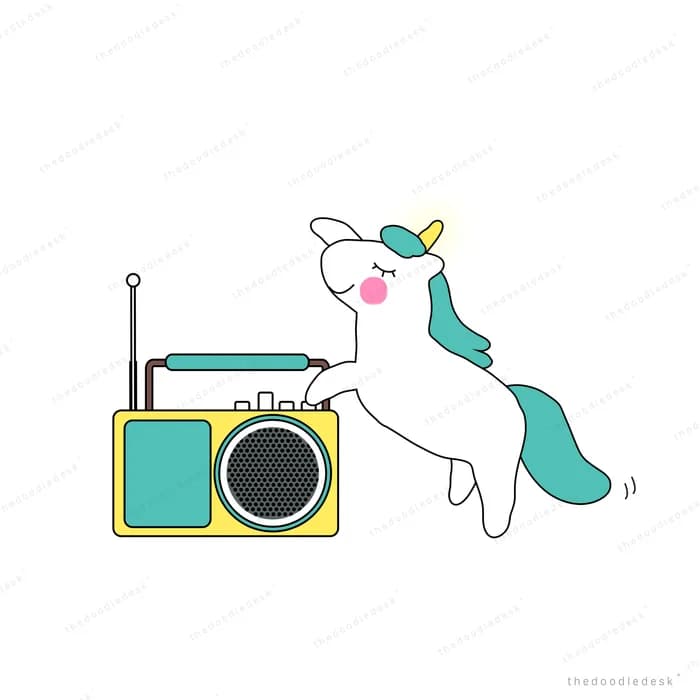 Unicorn beside a retro radio
