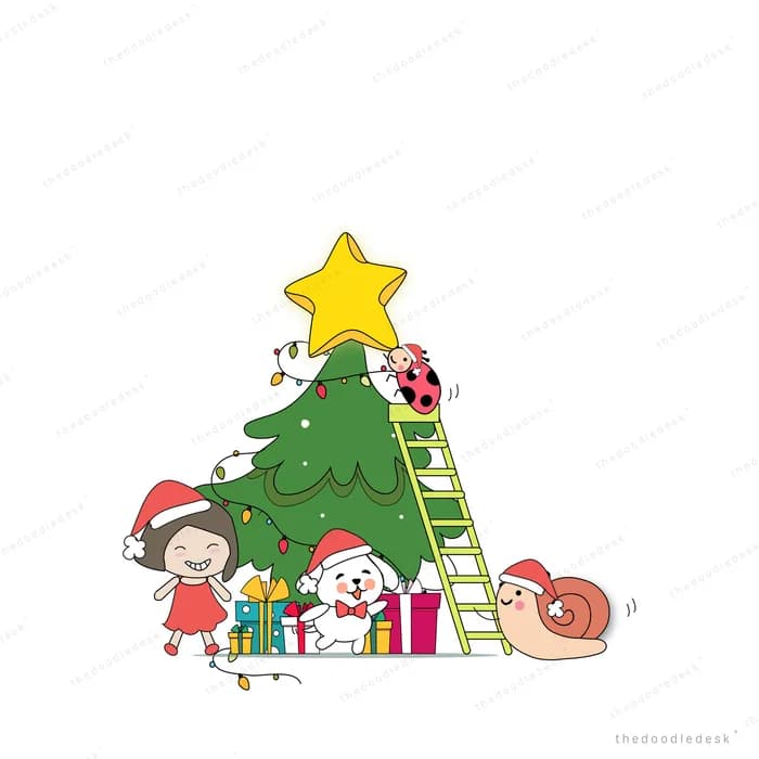 Decorated Christmas tree with gifts and a ladder