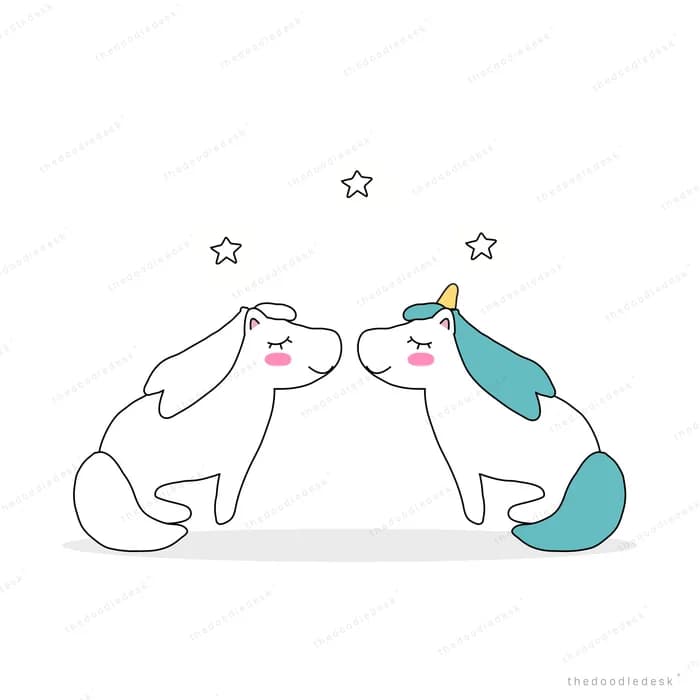 Two small unicorns facing each other with stars