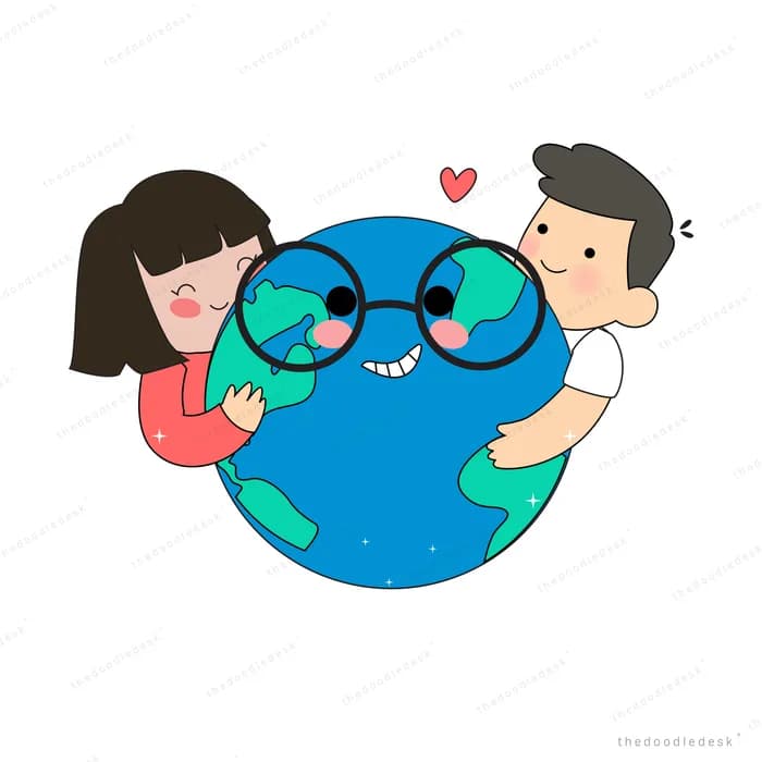 Two children hugging a smiling earth wearing glasses