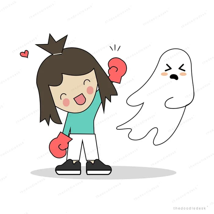 Girl in boxing gloves squaring up to a small ghost