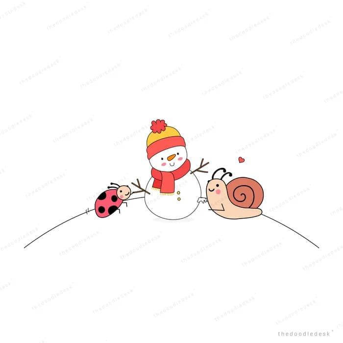 Snowman with a snail and ladybug on a snowy ridge