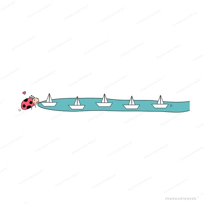 Row of sailboats along a water strip with a ladybug