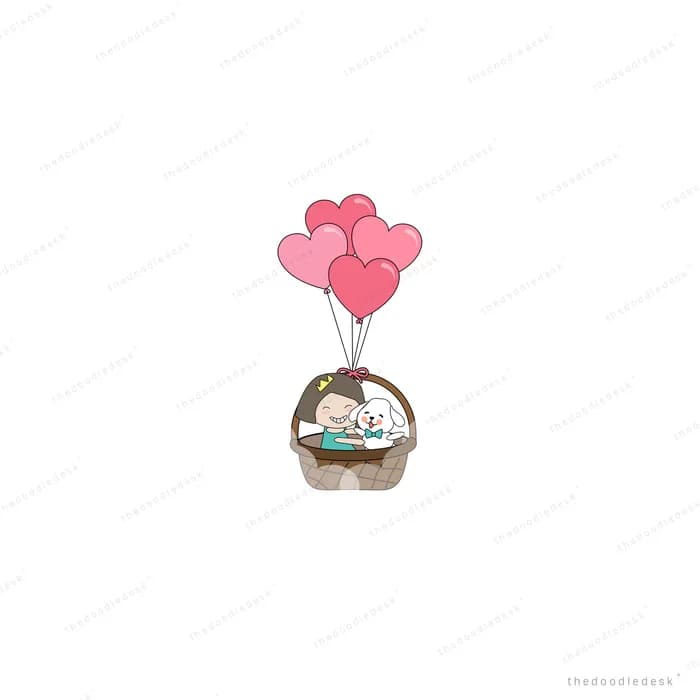 Basket lifted by pink heart balloons