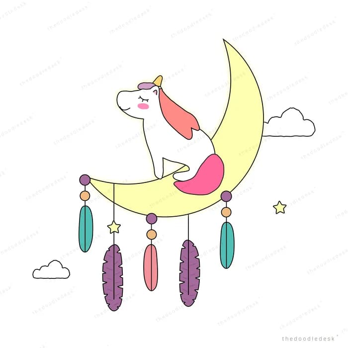 Unicorn resting on a crescent moon dreamcatcher