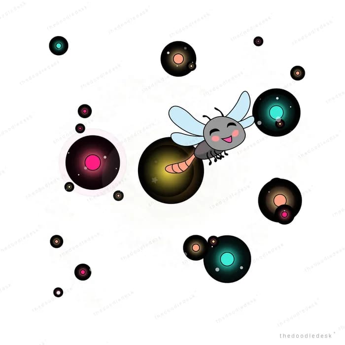 Insect among dark glowing orbs and planets