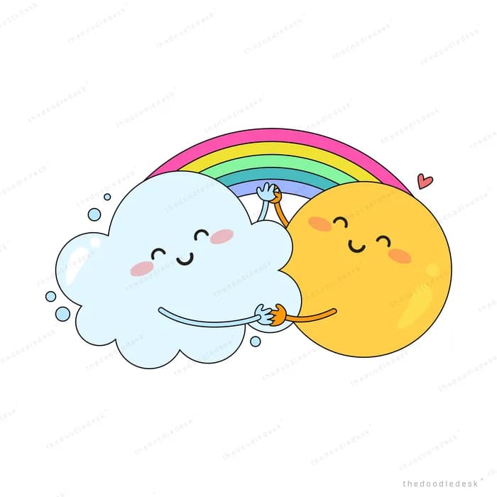 Smiling cloud and sun together under a rainbow