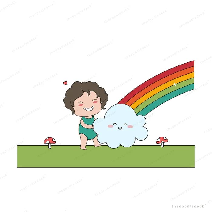 Girl sitting on grass beside a smiling cloud and rainbow