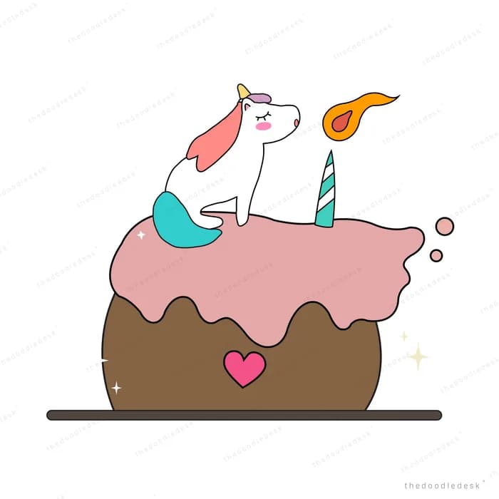 Layered birthday cake topped with a unicorn and candle