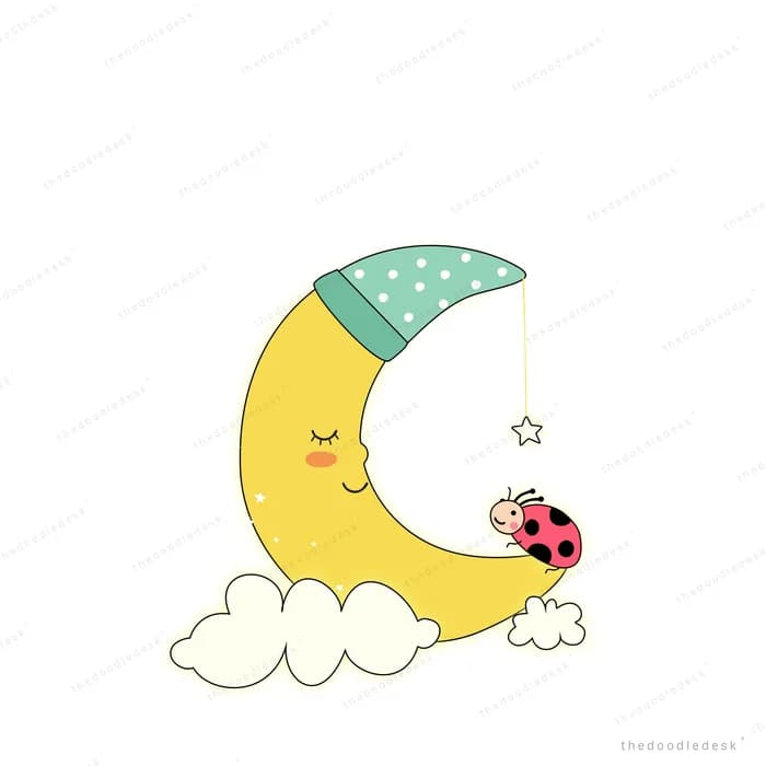 Sleeping moon in a nightcap on a cloud with a ladybug