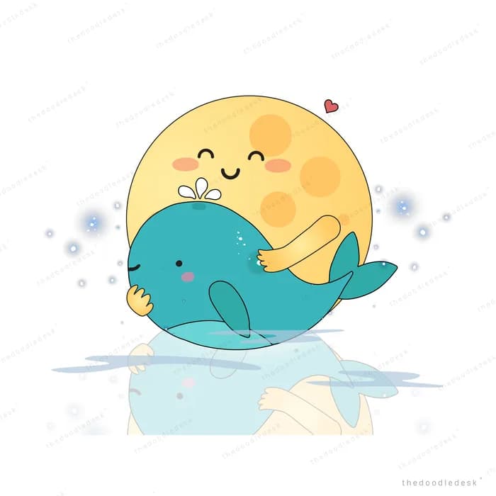 Whales swimming beneath a large smiling moon