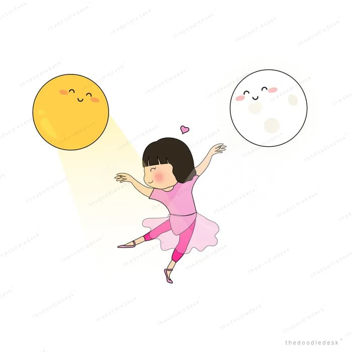 Girl dancing between a smiling sun and moon