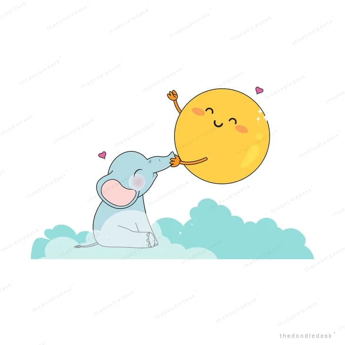 Elephant on a cloud blowing toward a smiling sun