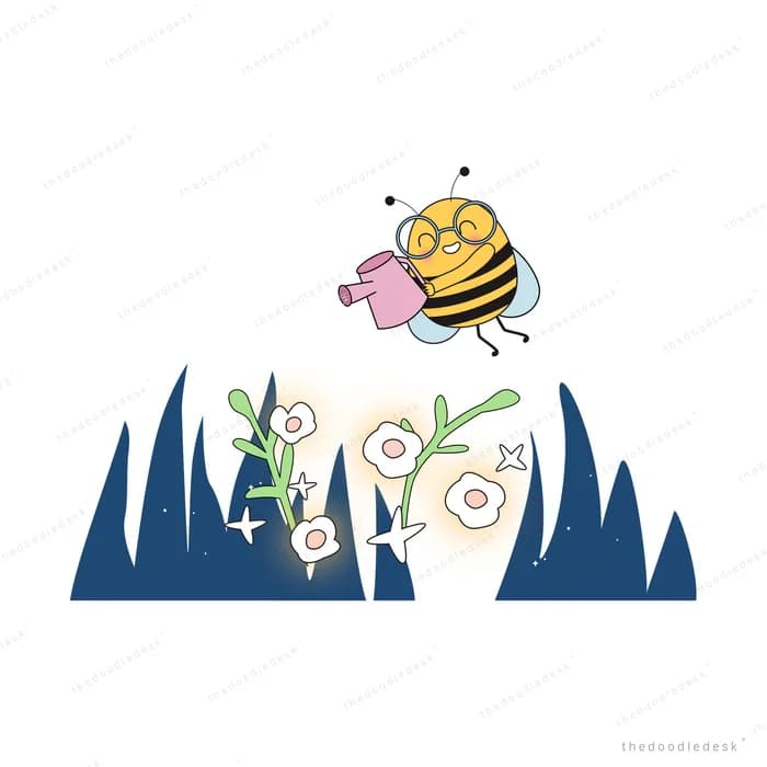 Bee above white flowers rising from dark grass