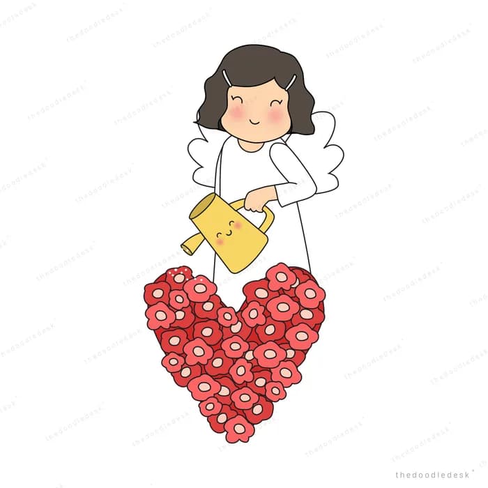 Winged girl above a heart made of roses