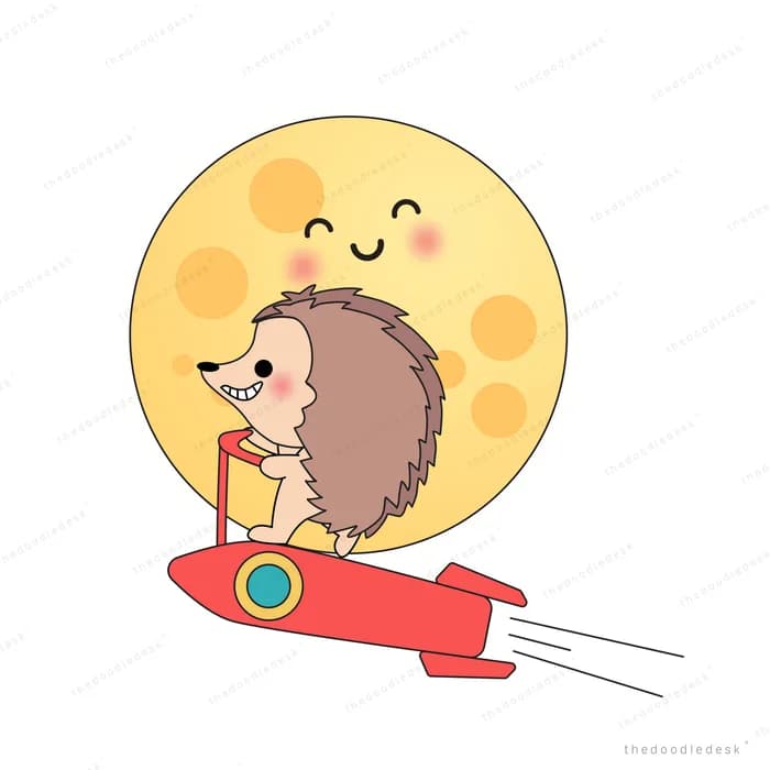 Hedgehog riding a rocket past a smiling moon