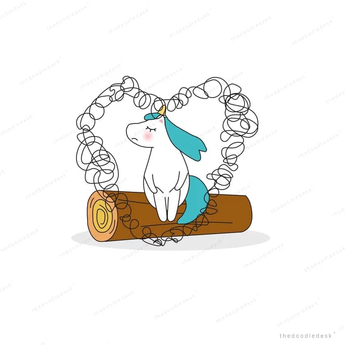 Unicorn on a log beneath an arch of clouds