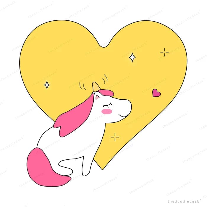 Unicorn curled inside a large yellow heart