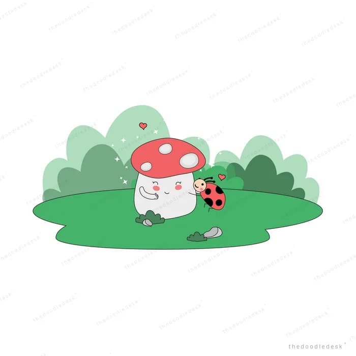 Red toadstool with a ladybug on green grass