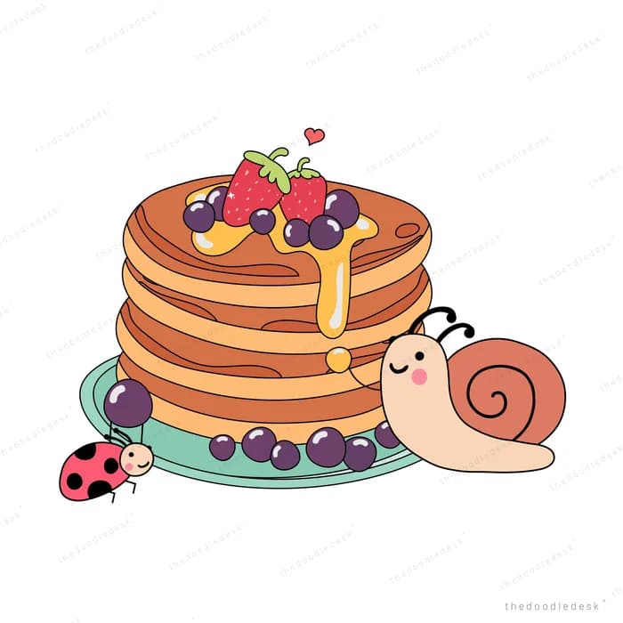 Tall stack of pancakes with berries and a snail