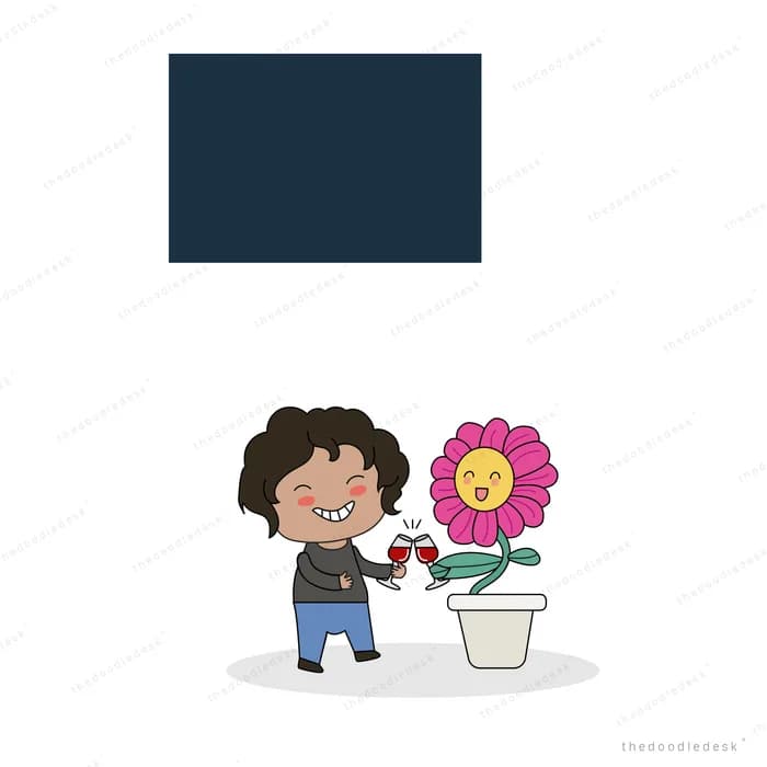 Child greeting a smiling potted flower under a dark panel